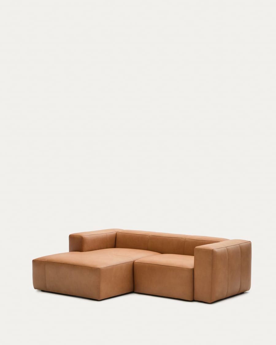 Blok brown leather 2-seater sofa, left chaise longue 240 cm