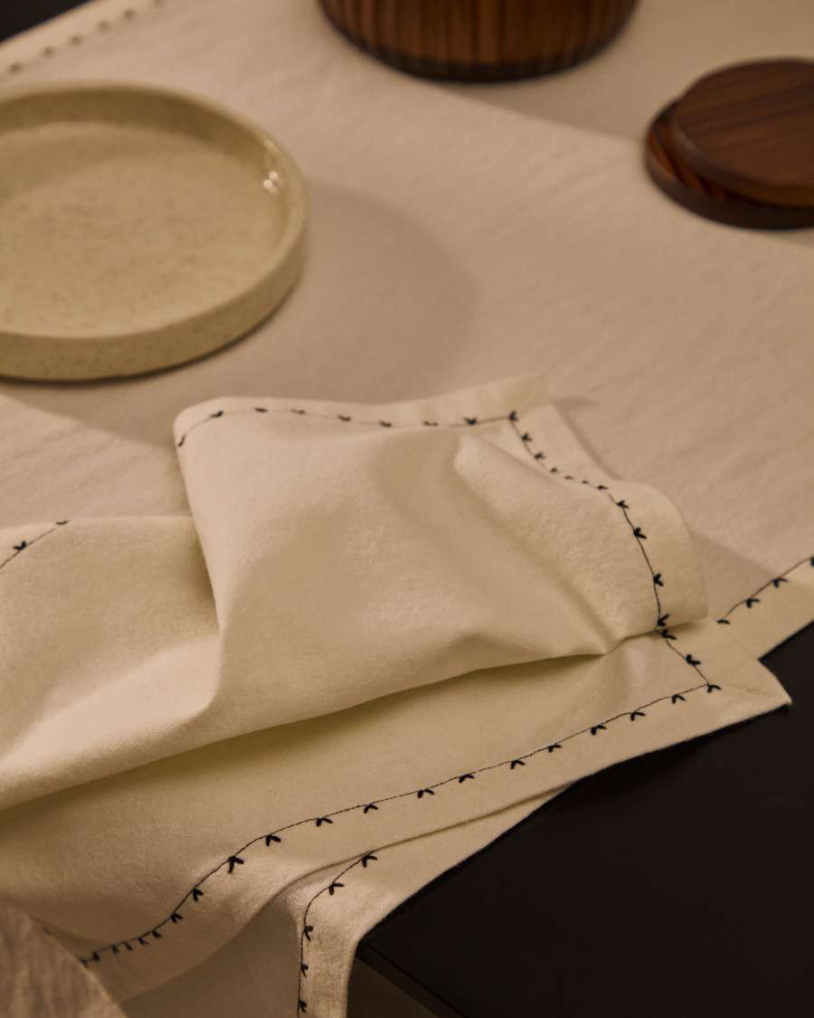 Set Olim aus 2 Servietten 100% Baumwolle beige mit gesticktem Detail schwarz