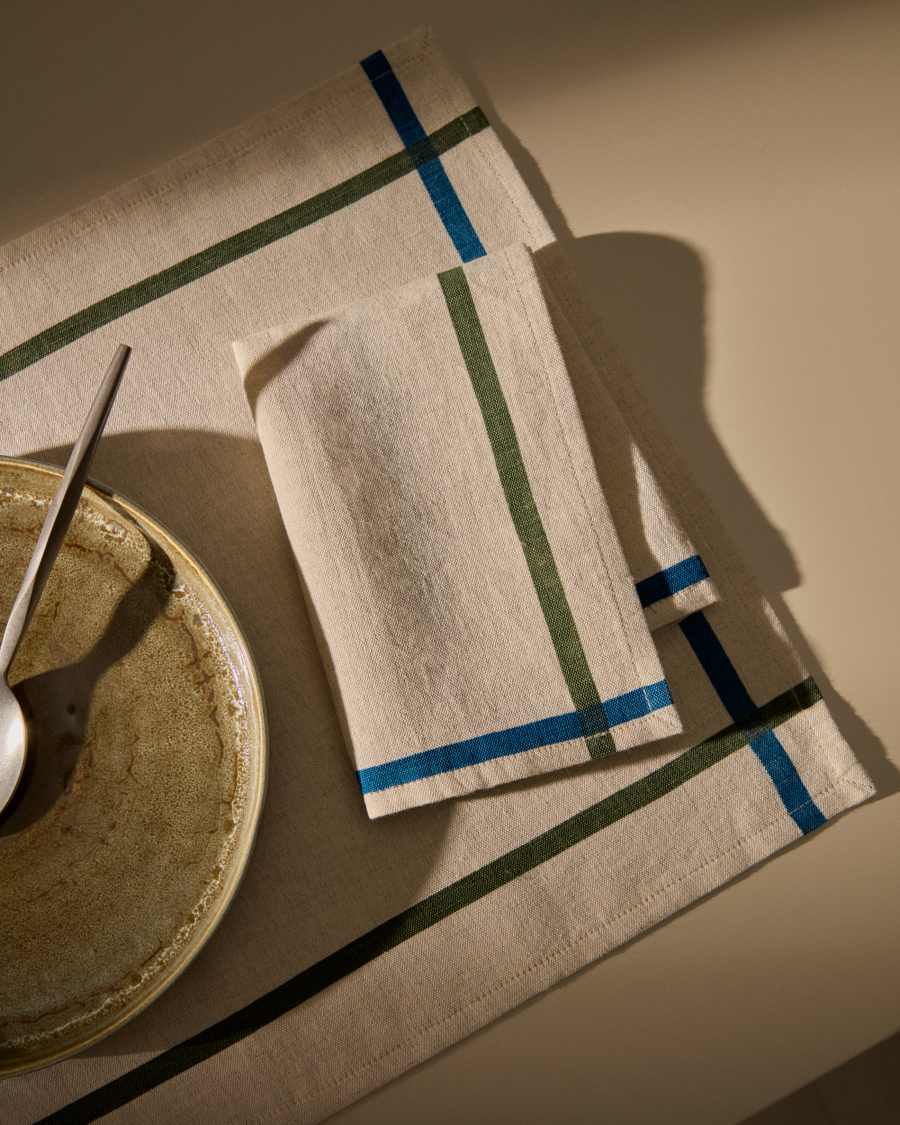 Delma set of table mat and linen and cotton napkin with blue detail