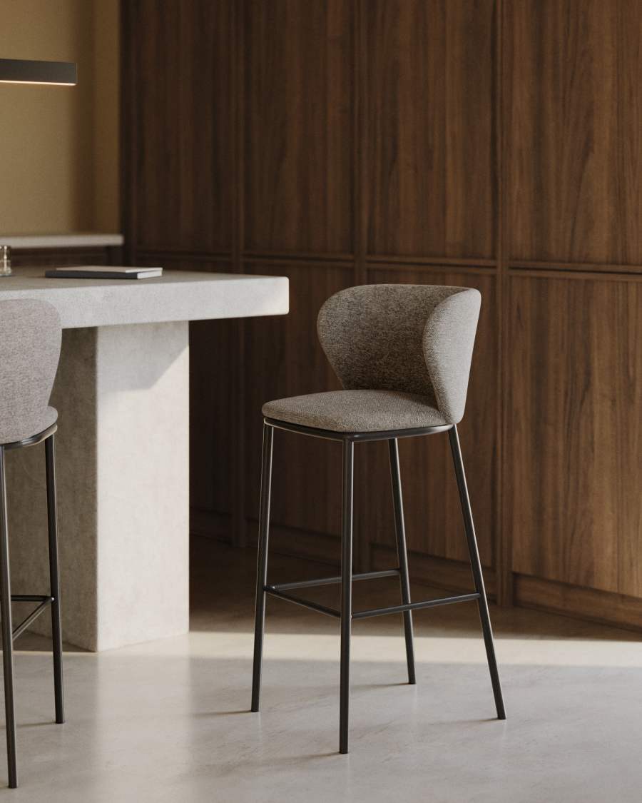 Ciselia stool in light brown chenille and black steel legs 75 cm FSC Mix Credit
