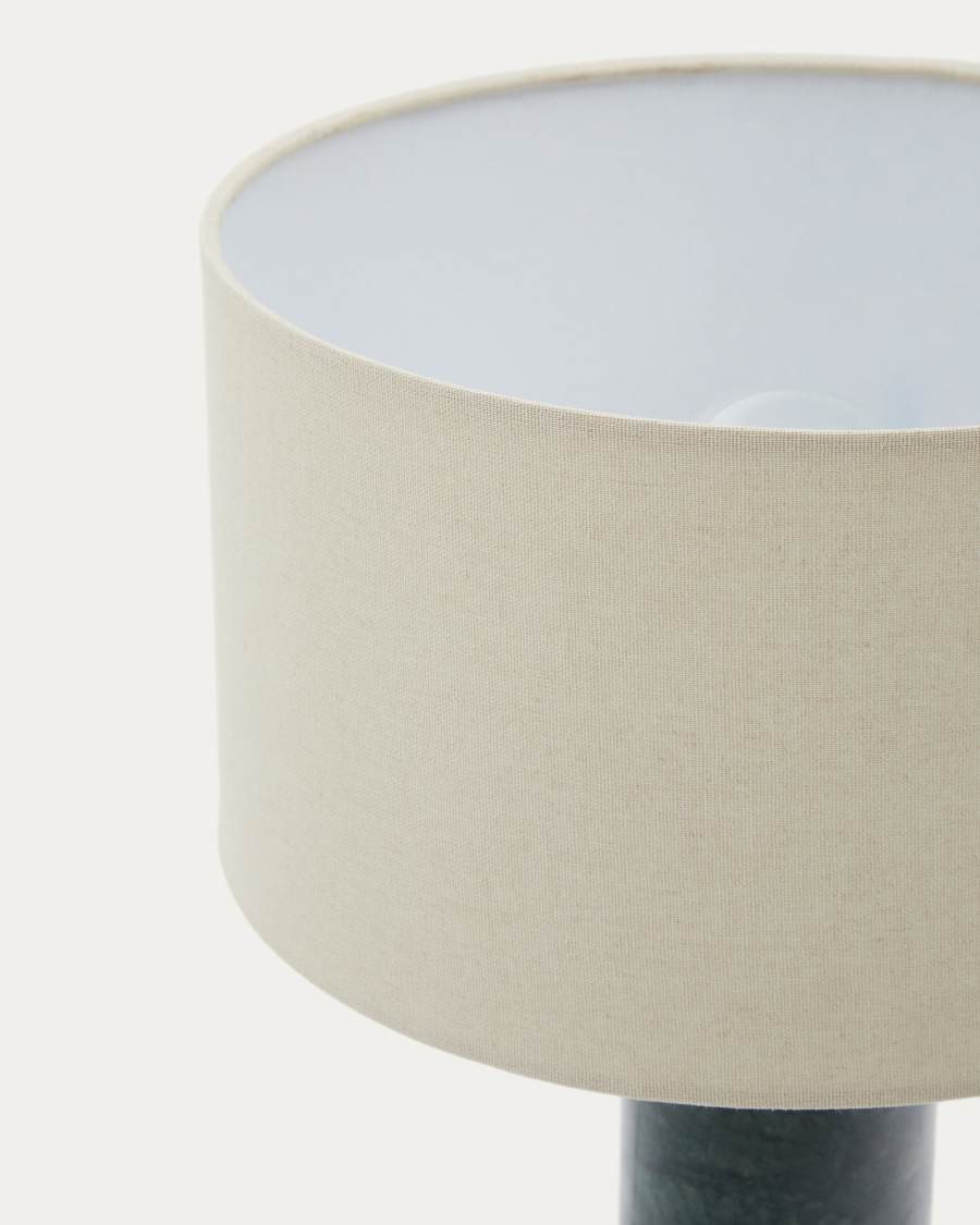 Vex table lamp in green marble with a grey linen shade UK adapter