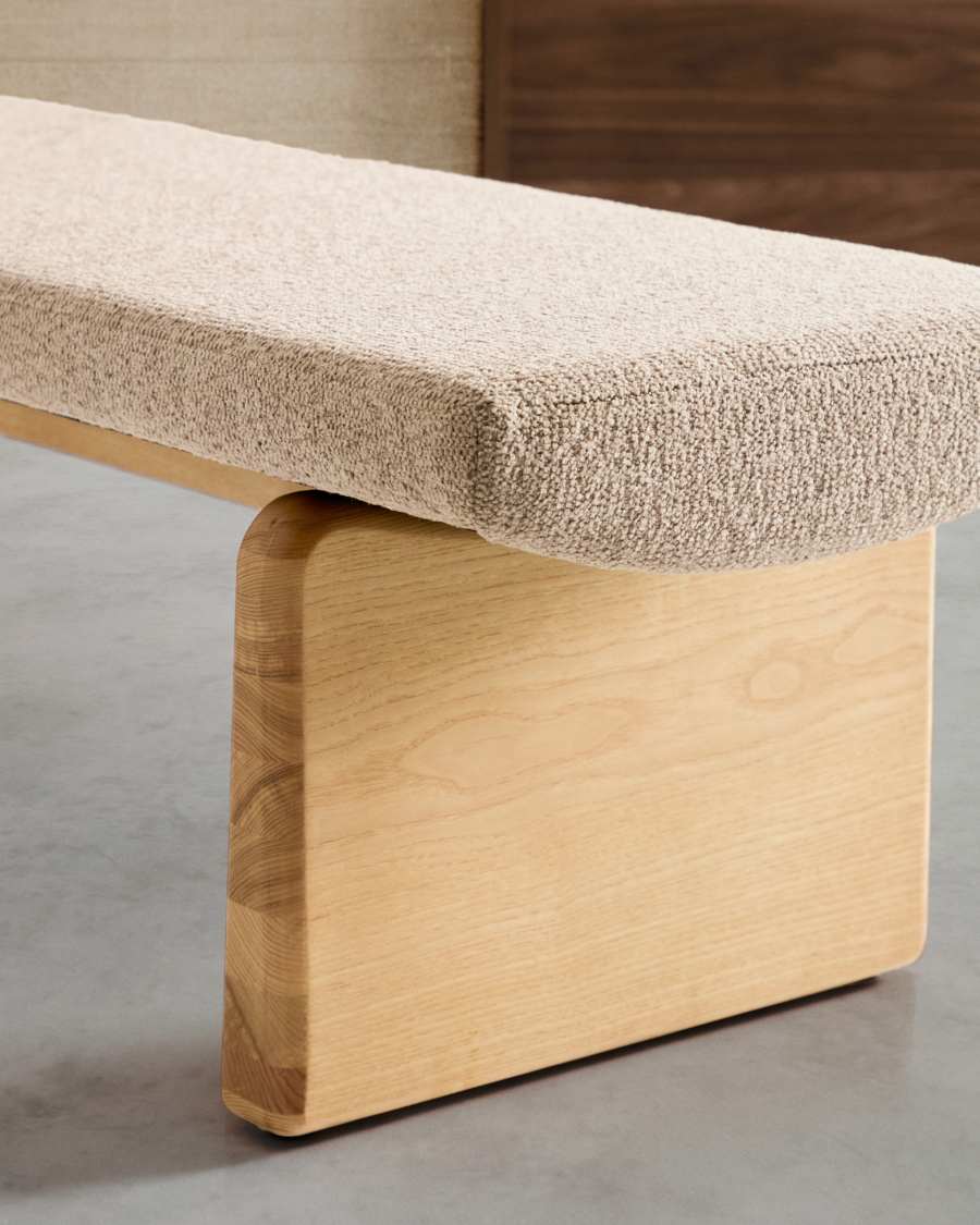 Topaz bench in beige chenille and FSC 100% solid ash wood in a natural finish, 150 cm