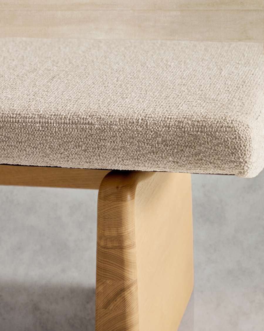 Topaz bench in beige chenille and FSC 100% solid ash wood in a natural finish, 150 cm
