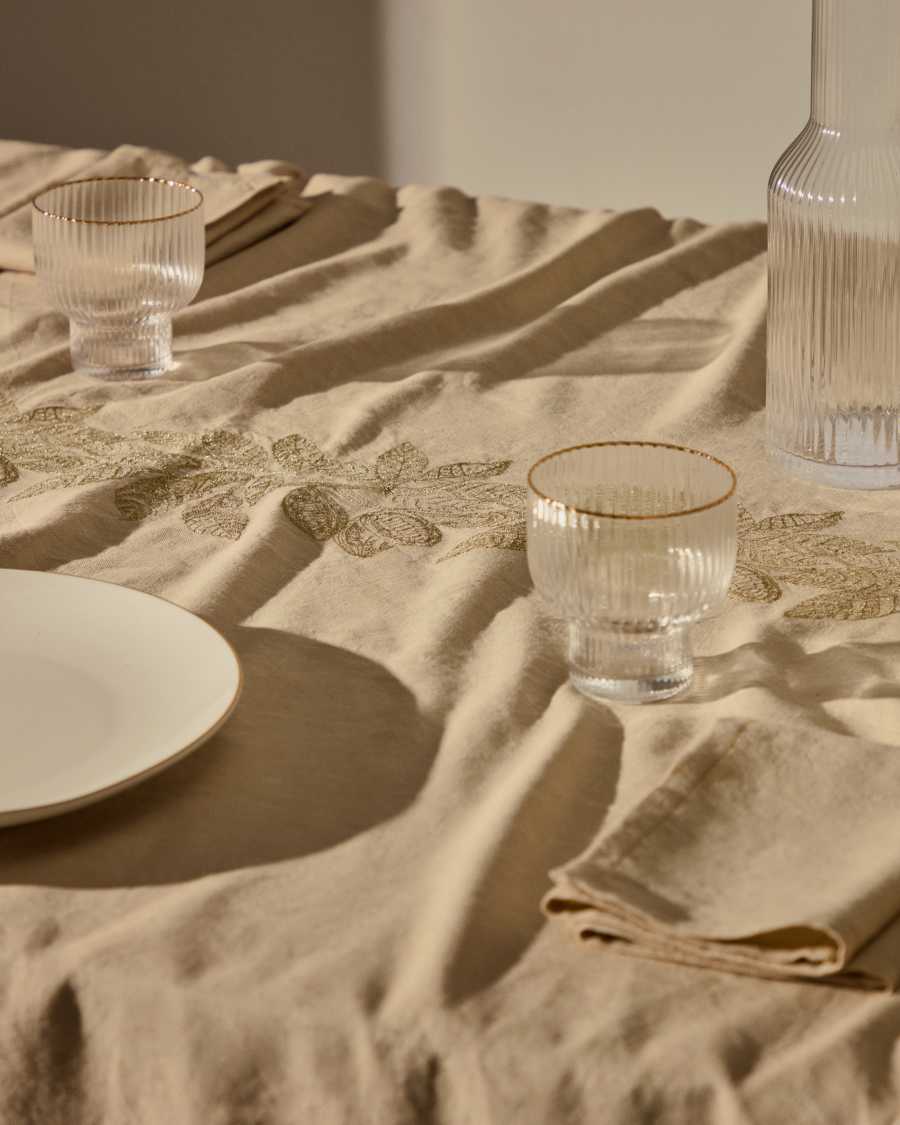 Oreti tablecloth in beige cotton and linen and cocoa embroidery feature, 150x250cm