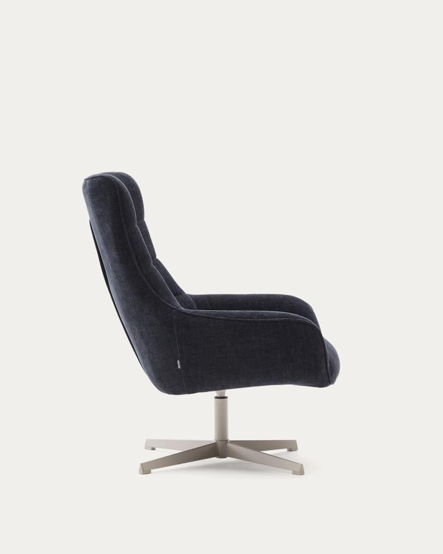 Teryl swivel blue chenille armchair with grey-finished metal, FSC 100%