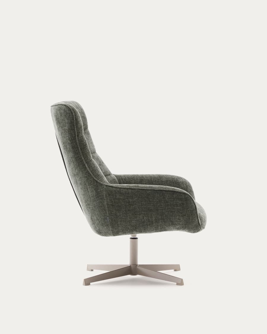 Teryl swivel green chenille armchair with grey-finished metal, FSC 100%