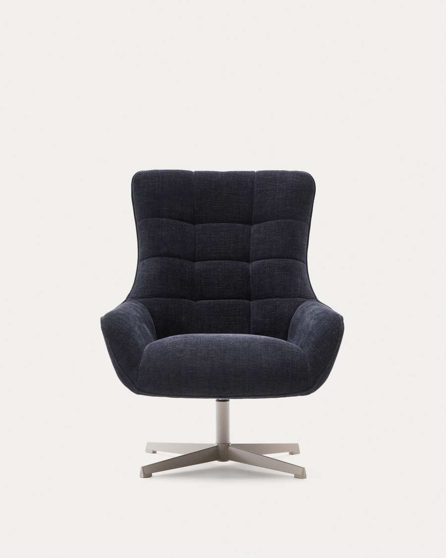 Teryl swivel blue chenille armchair with grey-finished metal, FSC 100%