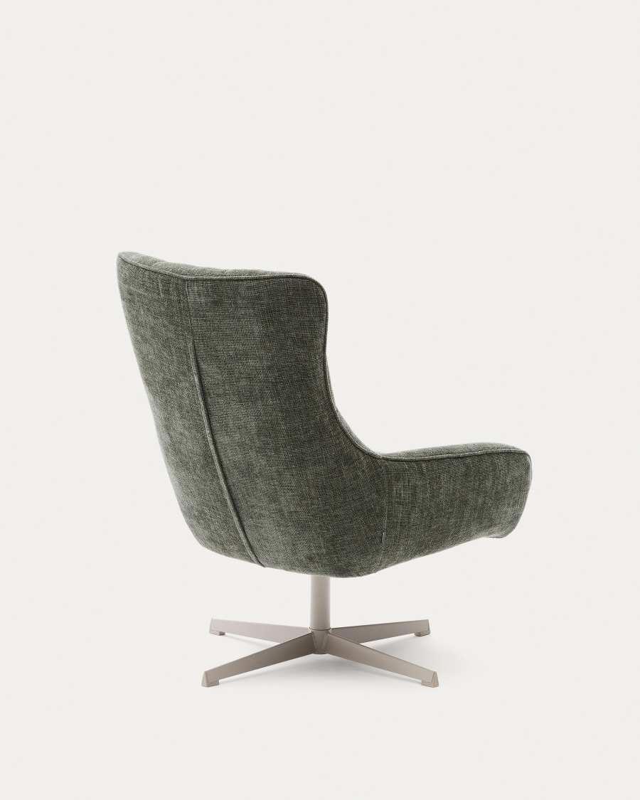 Teryl swivel green chenille armchair with grey-finished metal, FSC 100%