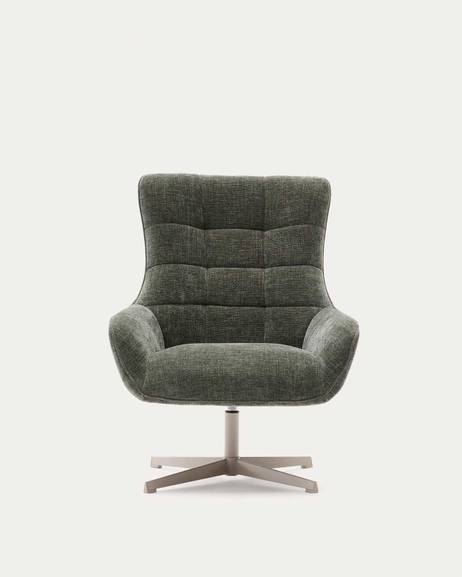 Teryl swivel green chenille armchair with grey-finished metal, FSC 100%