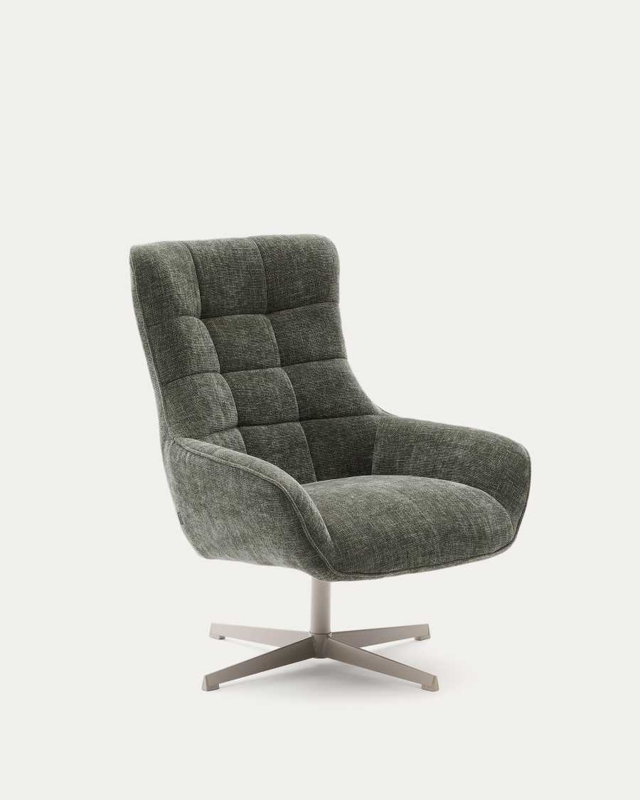 Teryl swivel green chenille armchair with grey-finished metal, FSC 100%