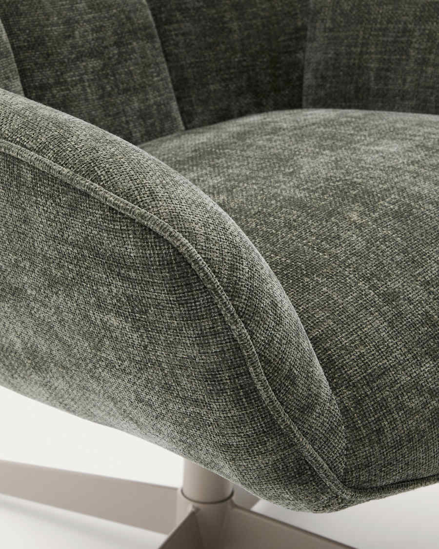 Teryl swivel green chenille armchair with grey-finished metal, FSC 100%