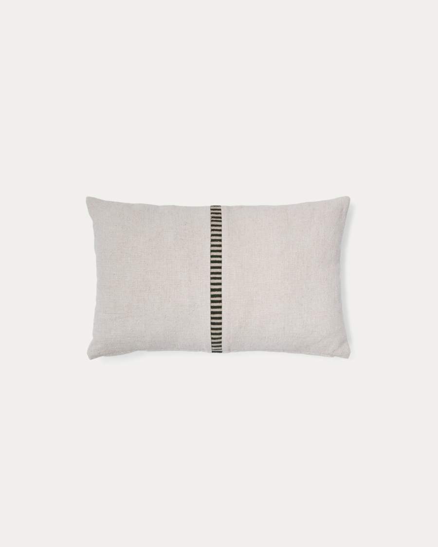 Ardit beige linen and cotton cushion cover contrasting green embroidered stripe 30 x 50 cm