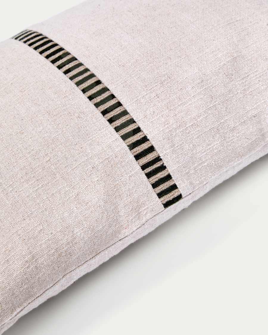 Ardit beige linen and cotton cushion cover contrasting green embroidered stripe 30 x 50 cm