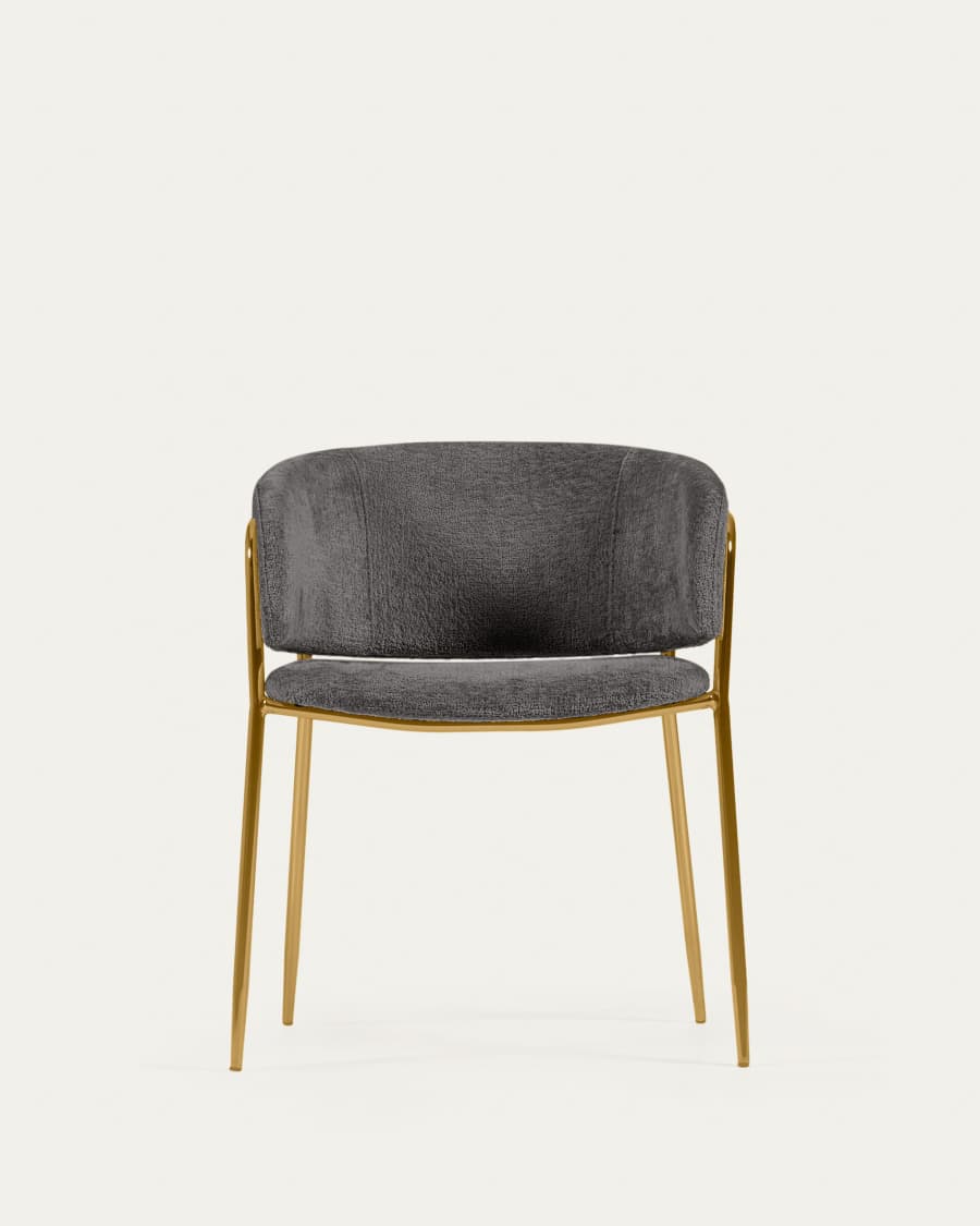 Runnie Stuhl aus grauer Chenille mit goldfarbenen Stahlbeinen