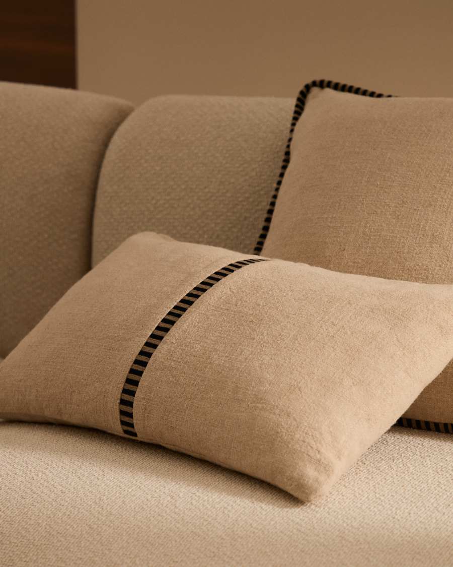 Ardit beige linen and cotton cushion cover contrasting black embroidered stripe 30 x 50 cm