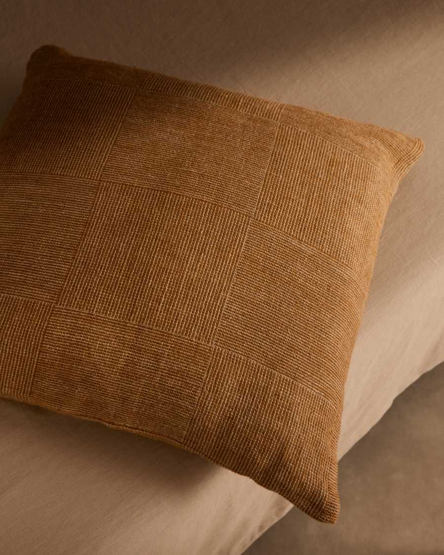 Benisa mustard and white checked cushion cover, 100% linen, 50 x 50 cm