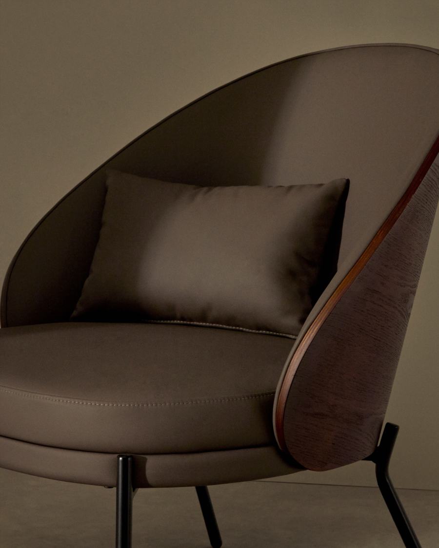 Eamy armchair in brown faux leather, ash veneer with walnut and black metal finish