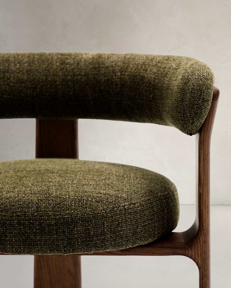 Granite chair with 3 legs, green chenille upholstery, and solid ash wood with a natural tone finish FSC 100%