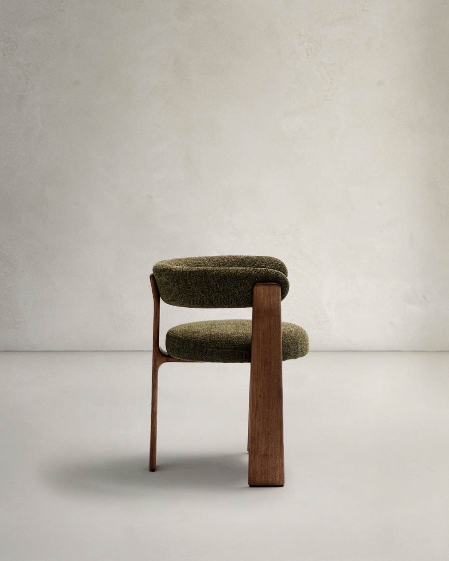 Granite chair with 3 legs, green chenille upholstery, and solid ash wood with a natural tone finish FSC 100%