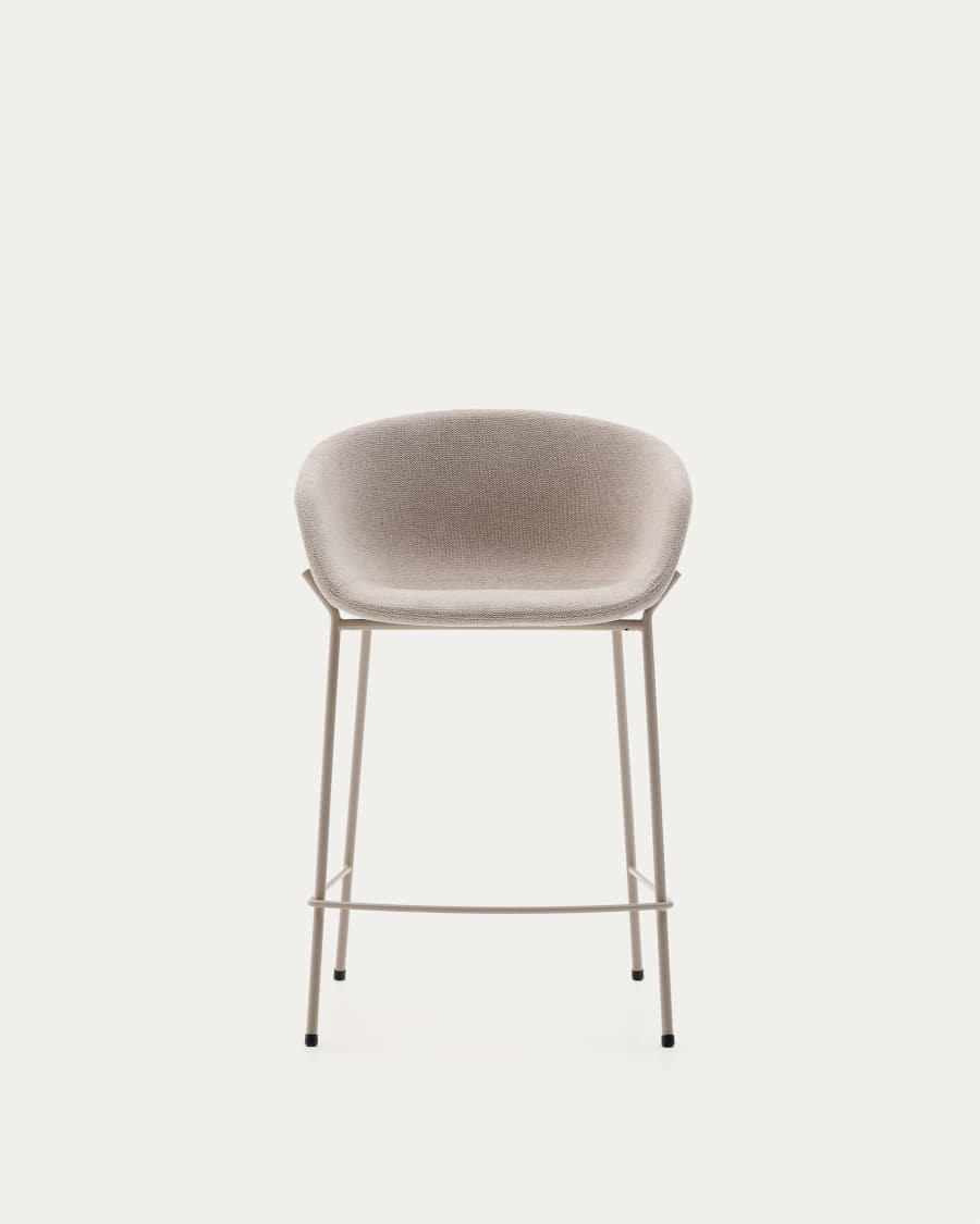 Hocker Yvette aus beigefarbener Chenille und Stahlbeinen mit beigefarbenem Finish Höhe 65 cm