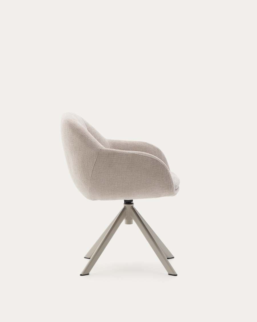 Sedia girevole Dorina di ciniglia beige e gambe in acciaio con finitura beige