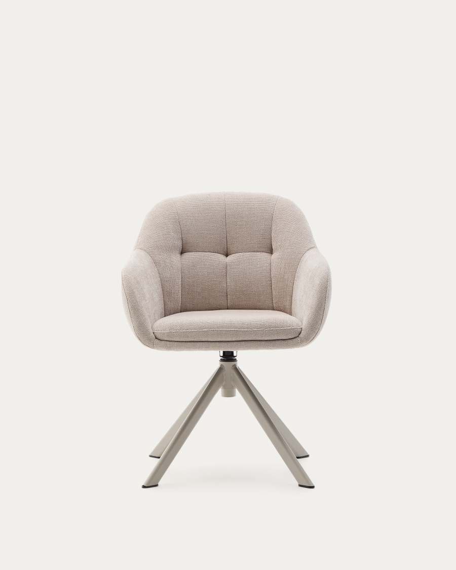 Sedia girevole Dorina di ciniglia beige e gambe in acciaio con finitura beige