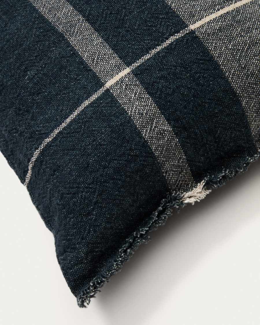 Kissenbezug Eron aus kariertem Leinen mit Fransen in Blau 40 x 60 cm