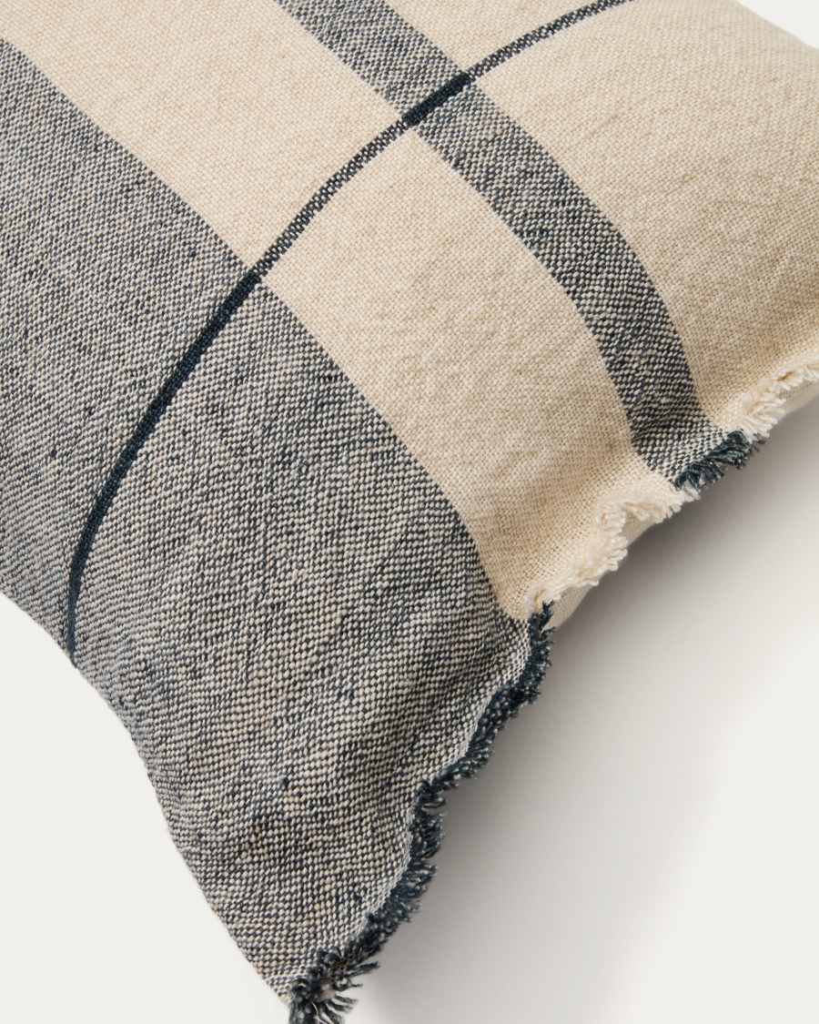 Eron beige and blue checked linen cushion cover with fringing 40 x 60cm