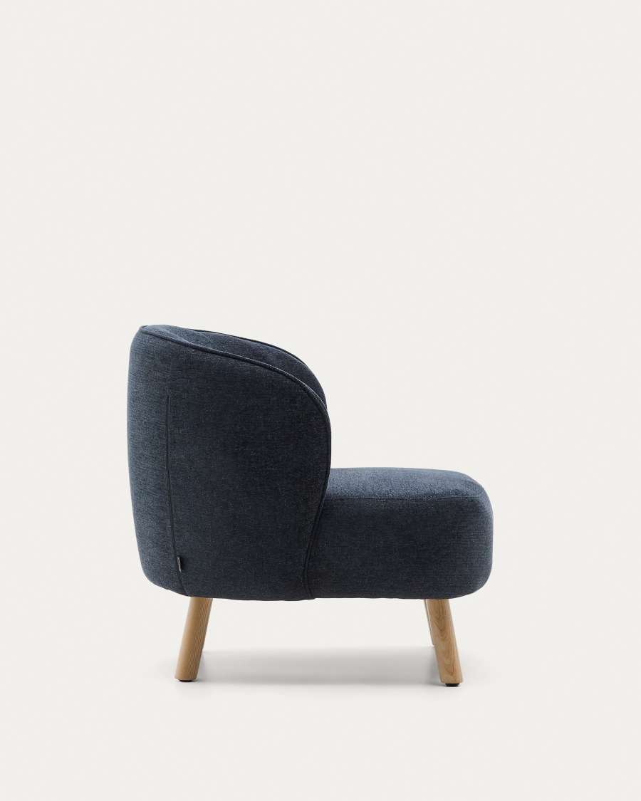 Ulit armchair in blue-grey chenille with solid beech wood legs in a natural finish