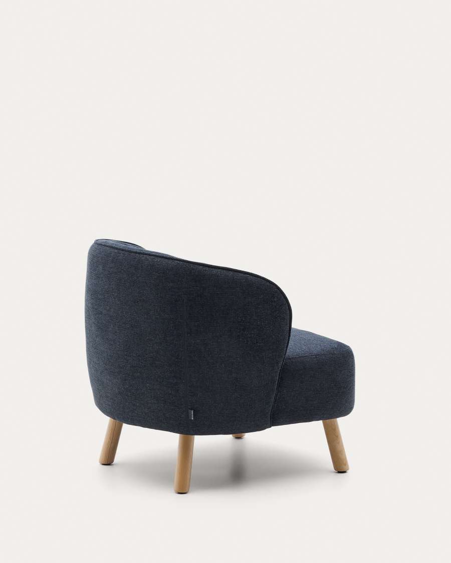 Ulit armchair in blue-grey chenille with solid beech wood legs in a natural finish