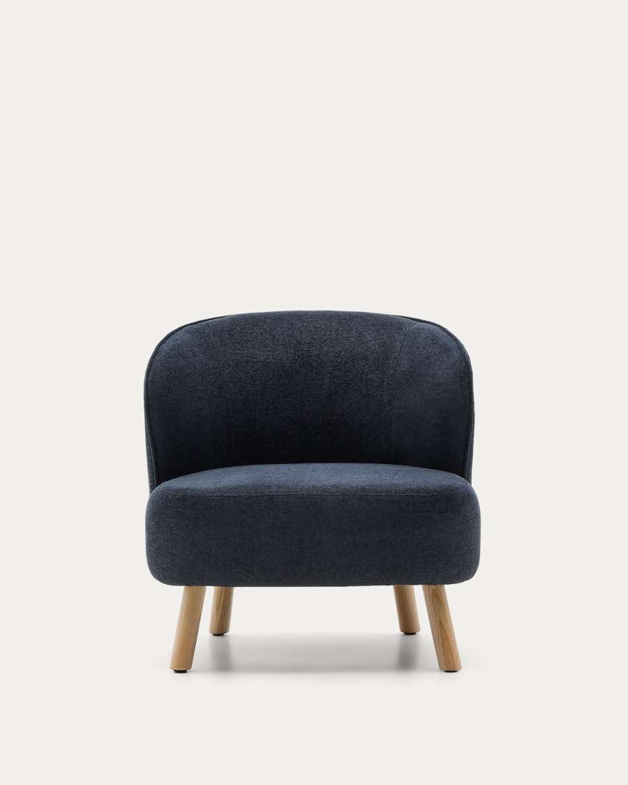 Ulit armchair in blue-grey chenille with solid beech wood legs in a natural finish