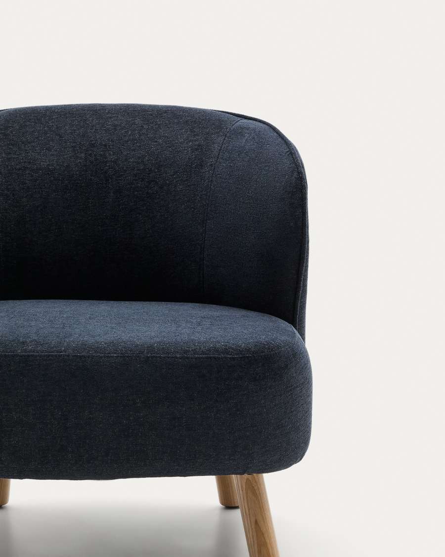 Ulit armchair in blue-grey chenille with solid beech wood legs in a natural finish