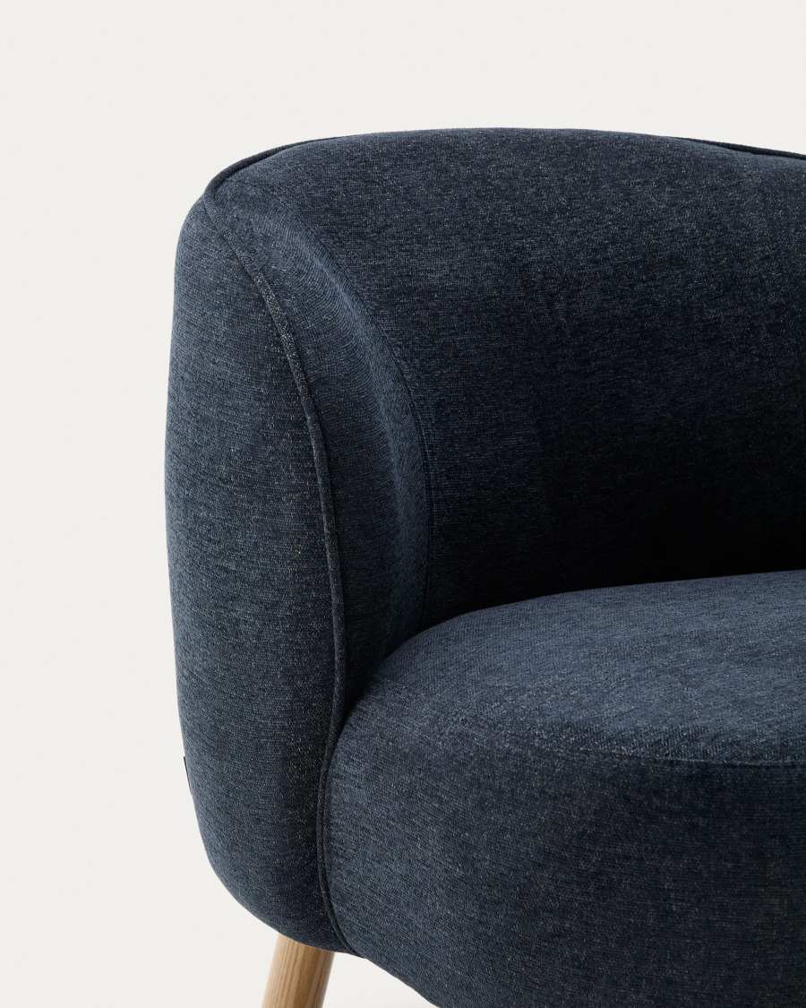 Ulit armchair in blue-grey chenille with solid beech wood legs in a natural finish