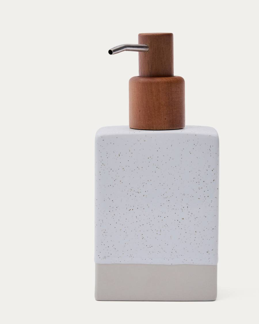 Careli soap dispenser in beige stoneware and acacia wood