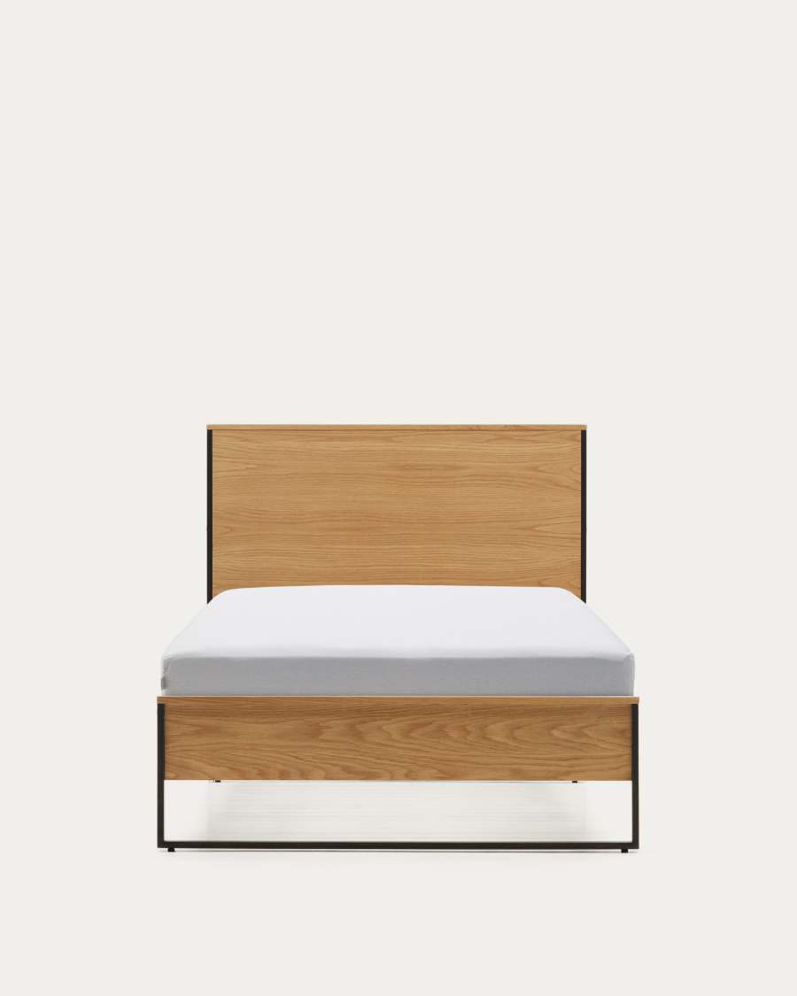 Taiana oak wood veneer bed with steel legs in a black finish, 90 x 190 cm