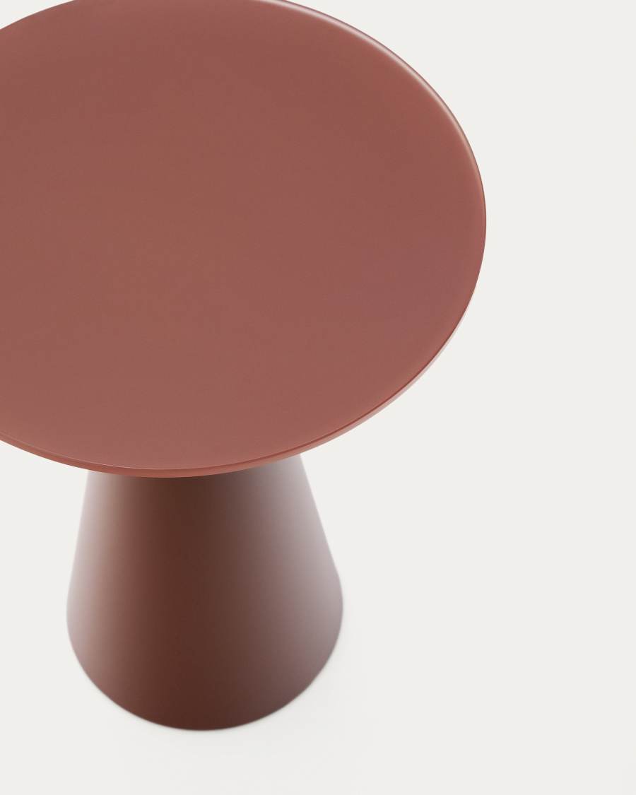Wilshire side table with frosted tempered glass and matt terracotta painted steel finish Ø35cm