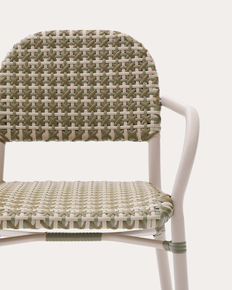 Tuccia beige and green stackable chair in aluminium and synthetic rattan