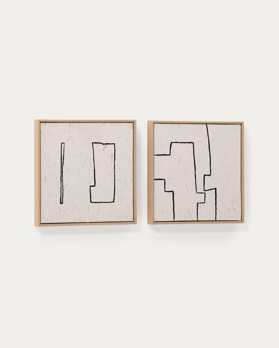 Lot de 2 tableaux abstraits Neyra en papier recyclé peint à la main en noir et beige 30 x 30 cm