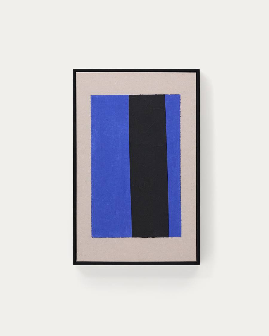 Abstraktes Bild Zernu aus handbemaltem Leinen mit vertikaler Linie blau und schwarz 42 x 65 cm