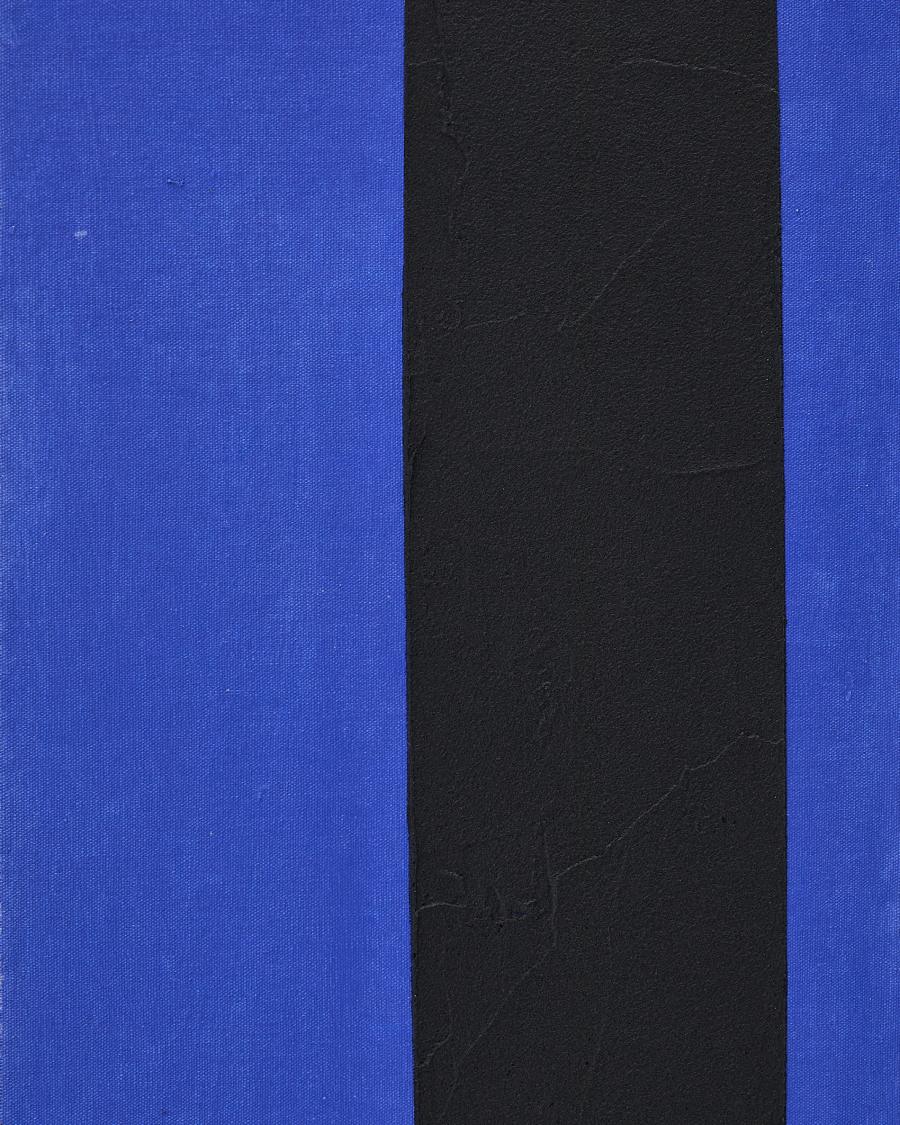 Abstraktes Bild Zernu aus handbemaltem Leinen mit vertikaler Linie blau und schwarz 42 x 65 cm