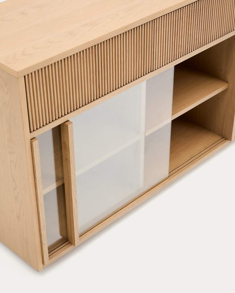 Helvine sideboard 4 doors and 4 drawers oak veneer and tempered glass, 200 x 80cm FSC 100% Assembled