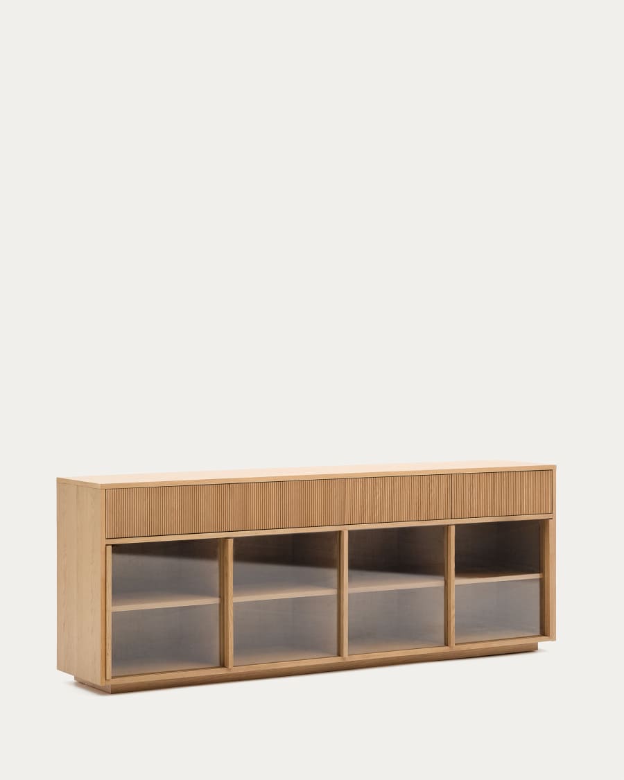 Helvine sideboard 4 doors and 4 drawers oak veneer and tempered glass, 200 x 80cm FSC 100% Assembled