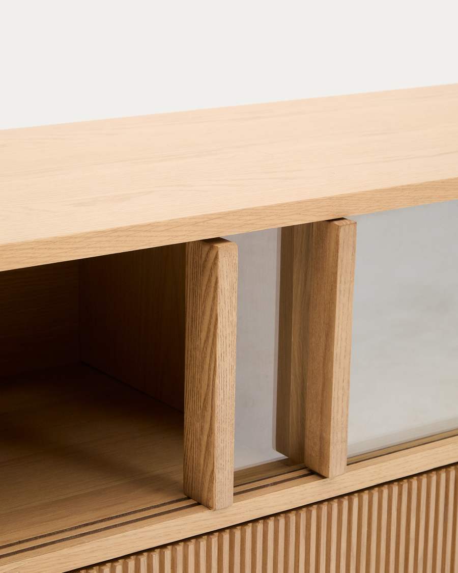 Helvine sideboard 4 doors and 2 drawers oak veneer and tempered glass, 200 x 54 cm FSC 100% Assembled