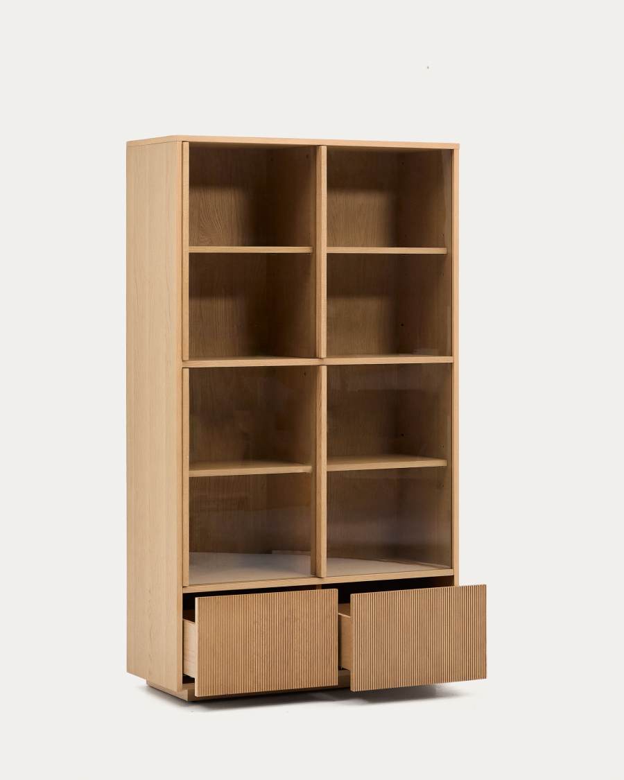 Helvine display cabinet 4 doors 2 drawers oak veneer and tempered glass 100 x 174 cm FSC 100% Assembled