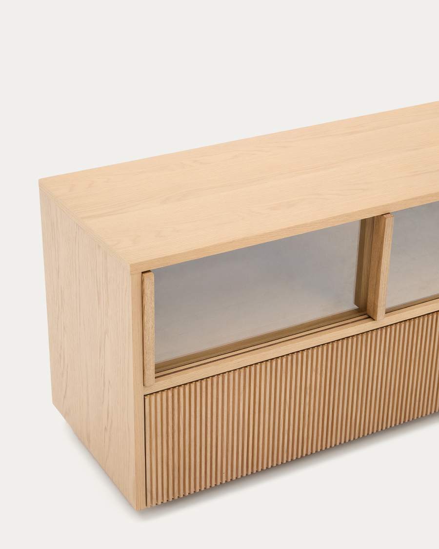 Helvine sideboard 4 doors and 2 drawers oak veneer and tempered glass, 200 x 54 cm FSC 100% Assembled