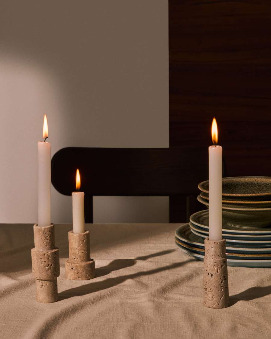 Majid set of 3 beige travertine candle holders