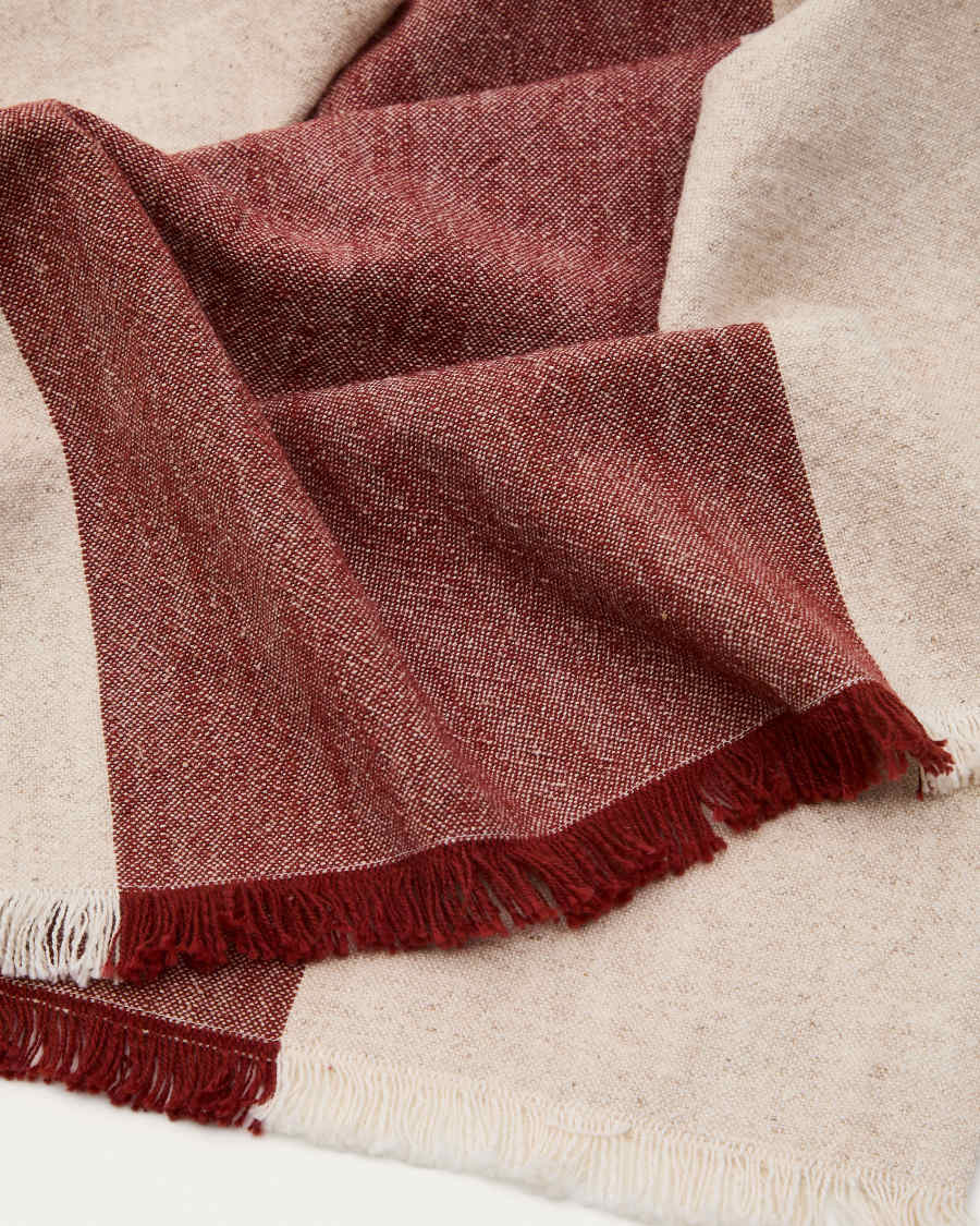 Runner da tavola Vireta in cotone e juta bordeaux e beige con frange 50 x 150 cm