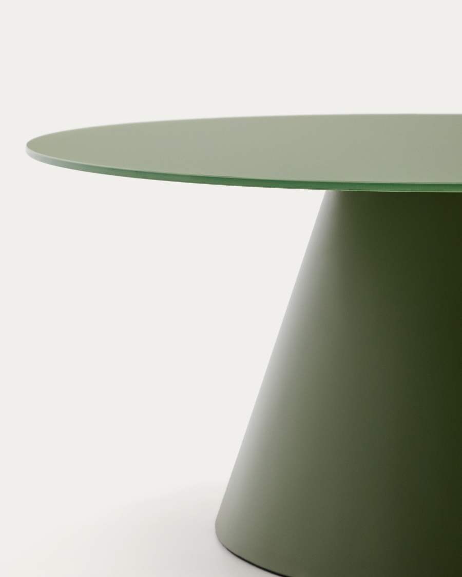 Wilshire salontafel van mat gehard glas en in mat groen gelakt staal Ø 80 cm