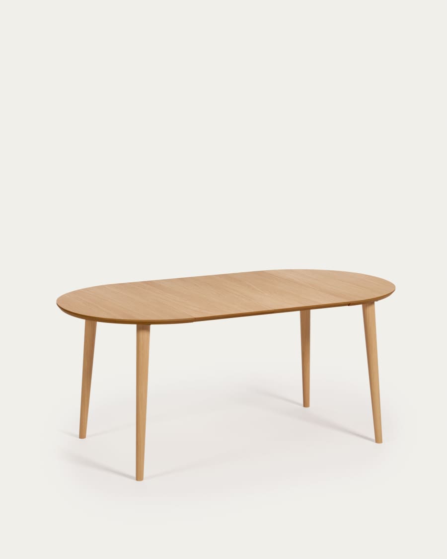 Ανοιγόμενο τραπέζι Oqui, στρογγυλό, δρύινος καπλαμάς MDF και πόδια σε μασίφ ξύλο οξιάς, 90(170)x90εκ