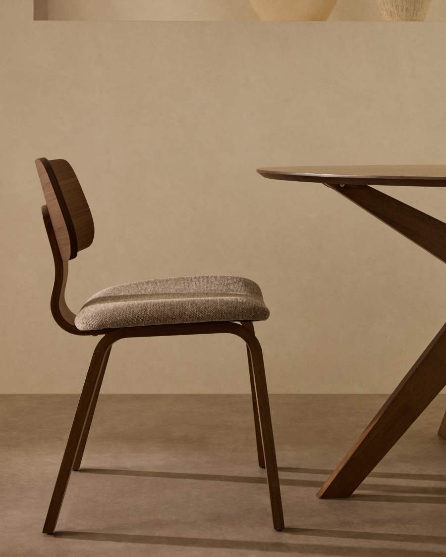 Gena-Stuhl aus Nussbaumfurnier und beigefarbener Chenille